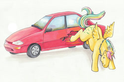 Size: 785x521 | Tagged: safe, artist:stormslegacy, skydancer, pegasus, pony, g1, bucking, car, solo, traditional art