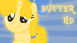 Size: 1920x1080 | Tagged: safe, artist:pteroducktyle, oc, oc only, oc:snowflake, bow, cupcake, cute, eye, eyes, female, filly, foal, food, hair bow, shiny, smiling, solo