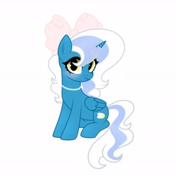 Size: 6890x6890 | Tagged: safe, artist:riofluttershy, oc, oc only, oc:fleurbelle, alicorn, pony, alicorn oc, blushing, bow, female, hair bow, horn, jewelry, mare, necklace, pearl, pearl necklace, simple background, smiling, solo, white background, wings, yellow eyes