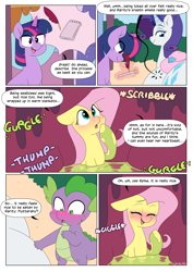 Size: 2894x4093 | Tagged: safe, artist:shoelace, fluttershy, rarity, spike, twilight sparkle, comic:rarity's delight, g4, mucous, mucus, rugae, slimy, stomach acid, stomach noise, vore