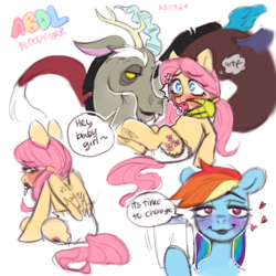 Size: 3000x3000 | Tagged: safe, artist:bloodymrr, discord, fluttershy, rainbow dash, draconequus, pegasus, pony, g4, abdl, alternate universe, dialogue, diaper, diaper fetish, embarrassed, female, fetish, heart, looking at you, pacifier, ponytail, scared, simple background, sitting, smiling, text, trio, white background, wings