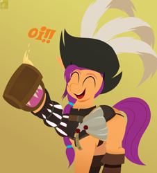 Size: 3620x4000 | Tagged: safe, artist:isaac_pony, sunny starscout, earth pony, pony, g5, armor, boots, crossover, dialogue, drink, drinking, eyes closed, feather, gradient background, happy, hat, shoes, smiling, solo, text, vermintide, warhammer (game), warhammer fantasy, warhammer:end times - vermintide
