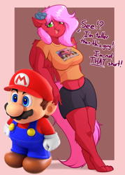 Size: 2696x3760 | Tagged: safe, artist:witchtaunter, pipp petals, oc, anthro, plantigrade anthro, g5, breasts, clothes, commission, dialogue, female, leaning, mario, midriff, shirt, short, shorts, super mario bros., t-shirt, talking, text