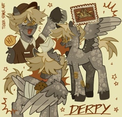 Size: 1473x1400 | Tagged: safe, artist:tigerstar_art, derpy hooves, pegasus, pony, g4, alternate design, alternate hairstyle, alternate tailstyle, bandage, bandaged wing, bandaid, bandaid on nose, blonde mane, blonde tail, cheek fluff, clothes, coat markings, colored, colored eartips, colored hooves, colored muzzle, colored wings, colored wingtips, dappled, dialogue, emanat, eye clipping through hair, eyelashes, female, flat colors, food, freckles, gray coat, hair over eyes, hat, large wings, mailmare, mailmare uniform, mare, muffin, multicolored wings, one wing out, open mouth, open smile, shirt, short mane, short mane derpy hooves, short tail, signature, simple background, smiling, solo, sparkles, speech bubble, spread wings, standing, stars, tail, talking, text, torn ear, triality, uniform, unshorn fetlocks, waving, wing fluff, wings, yellow background, yellow eyes
