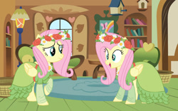 Size: 1280x800 | Tagged: safe, artist:brightstar40k, fluttershy, changeling, pegasus, pony, base used, clothes, coronation dress, disguise, disguised changeling, double, dress, duo, female, flower, flower in hair, fluttershy's cottage, impostor, mare, oh my, open mouth, open smile, smiling, uh oh, worried