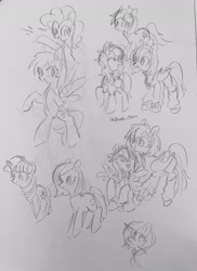 Size: 2046x2805 | Tagged: safe, artist:metaruscarlet, pinkie pie, rainbow dash, twilight sparkle, oc, oc:becky moonlight, oc:metaru scarlet, oc:poniko, oc:rebecca, oc:rokuchan, earth pony, pegasus, pony, unicorn, g4, clothes, cutie mark, flower, flower in hair, folded wings, horn, jewelry, necklace, open mouth, pegasus oc, sailor uniform, socks, spread wings, tongue out, traditional art, unicorn oc, unicorn twilight, uniform, wings