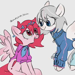 Size: 4096x4096 | Tagged: safe, artist:metaruscarlet, oc, oc only, oc:metaru scarlet, oc:rebecca, pegasus, pony, clothes, cutie mark, flower, flower in hair, flying, gray background, jewelry, looking at each other, looking at someone, necklace, open mouth, pegasus oc, simple background, sitting, socks, spread wings, wings
