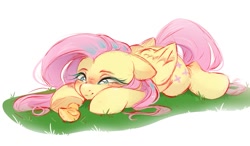 Size: 1495x875 | Tagged: safe, artist:melodylibris, fluttershy, bird, duck, pegasus, pony, g4, chick, colored sketch, cute, duckling, female, floppy ears, folded wings, full body, grass, looking at something, lying down, mare, prone, shyabetes, simple background, sketch, solo, white background, wings
