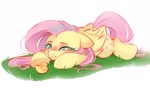 Size: 1495x875 | Tagged: safe, artist:melodylibris, fluttershy, bird, duck, pegasus, pony, g4, chick, colored sketch, cute, duckling, female, grass, lying down, mare, prone, shyabetes, sketch, solo