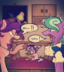 Size: 1700x1900 | Tagged: safe, artist:disaterror, firelight, spoiled rich, starlight glimmer, earth pony, pony, unicorn, g4, alternate parent, argument, blank flank, clothes, colored hooves, cupboard, curly mane, curved horn, ears back, eye clipping through hair, female, filly, filly starlight glimmer, frown, holding, hoof hold, horn, indoors, jewelry, looking at each other, looking at someone, male, mare, narrowed eyes, necklace, no catchlights, open frown, open mouth, pigtails, pink coat, plushie, ponytail, profile, purple coat, purple mane, ruffled shirt, rug, sad, shirt, shrunken pupils, speech bubble, stallion, table, tail, teal mane, teddy bear, teeth, this will end in divorce, tied mane, tongue out, two toned mane, two toned tail, unicorn horn, unshorn fetlocks, wavy mane, wooden floor, wooden table, yelling, younger