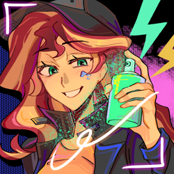 Size: 1284x1284 | Tagged: safe, artist:zeyueyoki, sunset shimmer, human, equestria girls, g4, abstract background, flanksy, graffiti, grin, paint, picture frame, smiling, solo, spray can