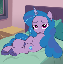 Size: 2363x2410 | Tagged: safe, artist:shieldwingarmorofgod, izzy moonbow, unicorn, g4, g5, bed, bedroom, bedroom eyes, female, g5 to g4, generation leap, horn, smiling, solo, sultry pose