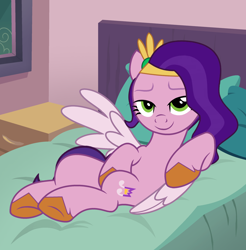 Size: 2374x2410 | Tagged: safe, artist:shieldwingarmorofgod, pipp petals, pegasus, pony, g4, g5, bed, bedroom, bedroom eyes, diadem, female, g5 to g4, generation leap, hoof on belly, jewelry, mare, regalia, smiling, solo, sultry pose