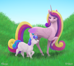Size: 1300x1159 | Tagged: safe, artist:soobel, princess flurry heart, alicorn, pony, concave belly, fat, female, height difference, mother and child, mother and daughter, parent:princess cadance, physique difference