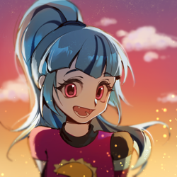 Size: 1200x1200 | Tagged: safe, artist:deadbirdorzcr, sonata dusk, human, equestria girls, g4, afternoon, bust, clothes, cloud, fangs, looking at you, open mouth, outdoors, portrait, shirt, smiling, smiling at you, solo