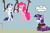 Size: 840x551 | Tagged: safe, artist:alexarmstrong2287, pinkie pie, rarity, twilight sparkle, alicorn, earth pony, pony, unicorn, g4, abuse, bipedal, bondage, bound and gagged, cloth gag, female, femsub, gag, hanging, horn, mare, muffled words, over the nose gag, pinkiebuse, pinkiesub, raribuse, rarisub, sitting, speech bubble, submissive, tied up, twilight sparkle (alicorn), twilybuse, twisub