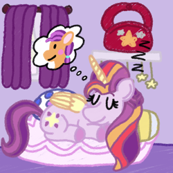 Size: 1200x1200 | Tagged: safe, artist:mintwhistle, sunny starscout, sunny starscout's mother, alicorn, earth pony, pony, g5, alicornified, bag, bed, bedroom, blush sticker, blushing, braid, colored hooves, colored horn, colored wings, curtains, dream, duo, duo female, eyes closed, female, folded wings, horn, mare, medibang paint, mother and child, mother and daughter, mother's day, multicolored mane, multicolored tail, onomatopoeia, peaceful, pillow, race swap, saddle bag, shelf, sleeping, sound effects, tail, thought bubble, two toned tail, window, wings, zzz