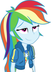 Size: 3000x4265 | Tagged: safe, artist:cloudy glow, edit, vector edit, rainbow dash, human, dashing through the mall, equestria girls, equestria girls specials, g4, my little pony equestria girls: holidays unwrapped, arms, breasts, bust, clothes, female, geode of super speed, hoodie, inverted mouth, jacket, lidded eyes, looking up, magical geodes, shirt, short sleeves, simple background, smiling, smirk, solo, standing, teenager, transparent background, vector