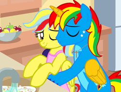 Size: 2079x1578 | Tagged: safe, artist:shieldwingarmorofgod, oc, oc:shield wing, alicorn, pegasus, g4, female, hug, kissing, kitchen, male, mother and child, mother and son, mother's day