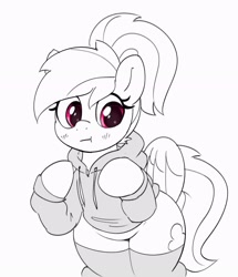 Size: 2227x2590 | Tagged: safe, artist:pabbley, rainbow dash, pegasus, pony, g4, :t, alternate hairstyle, bipedal, blush lines, blushing, clothes, cute, dashabetes, grayscale, hoodie, looking away, monochrome, partial color, ponytail, simple background, socks, solo, thigh highs, white background, wide hips, wings