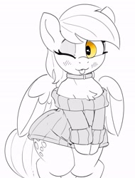 Size: 2144x2822 | Tagged: safe, artist:pabbley, derpy hooves, pegasus, pony, g4, blush lines, blushing, chest fluff, choker, clothes, cute, derpabetes, female, grayscale, heart, heart eyes, mare, monochrome, off shoulder, off shoulder sweater, one eye closed, partial color, simple background, solo, sweater, sweater dress, tongue out, white background, wide hips, wingding eyes, wink