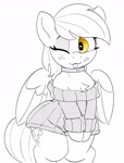 Size: 2144x2822 | Tagged: safe, artist:pabbley, derpy hooves, pegasus, pony, g4, bipedal, blush lines, blushing, chest fluff, choker, clothes, cute, derpabetes, female, grayscale, heart, heart eyes, mare, monochrome, off shoulder, off shoulder sweater, one eye closed, partial color, simple background, solo, sweater, sweater dress, tongue out, white background, wide hips, wingding eyes, wings, wink