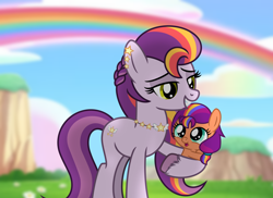 Size: 5994x4370 | Tagged: safe, artist:emeraldblast63, sunny starscout, sunny starscout's mother, earth pony, pony, g4, g5, baby, baby pony, cute, female, filly, filly sunny starscout, g5 to g4, generation leap, holding a pony, looking at each other, looking at someone, mare, mother and child, mother and daughter, mother's day, rainbow, smiling, smiling at each other, sunnybetes, younger