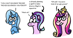 Size: 1227x648 | Tagged: safe, artist:zoeyhorse, princess cadance, starlight glimmer, trixie, alicorn, pony, unicorn, g4, angry, arrow, bust, crossed hooves, dialogue, divorce, female, furrowed brow, horn, lidded eyes, looking away, mare, meme, simple background, talking to viewer, text, the bride and the ugly ass groom, trio, trio female, white background