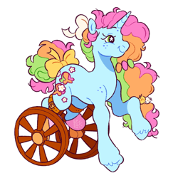 Size: 1998x1996 | Tagged: safe, artist:cocopudu, oc, oc only, oc:sherbet blossom, pony, unicorn, g2, g4, bow, female, freckles, g4 to g2, generation leap, hair bow, horn, mare, missing leg, multicolored hair, prosthetics, raised hoof, shoulder freckles, simple background, smiling, solo, tail, tail bow, unshorn fetlocks, wheel, wheelchair, white background