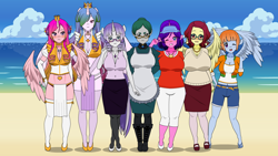 Size: 1366x768 | Tagged: safe, artist:shitsandgiggles, cloudy quartz, cookie crumbles, posey shy, princess cadance, princess celestia, twilight velvet, windy whistles, alicorn, earth pony, pegasus, unicorn, anthro, g4, apron, armor, beach, belly button, belly piercing, big breasts, breasts, busty cloudy quartz, busty cookie crumbles, busty posey shy, busty princess cadance, busty princess celestia, busty twilight velvet, busty windy whistles, cleavage, clothes, crown, female, glasses, horn, huge breasts, jewelry, kisekae, loincloth, mother's day, piercing, regalia, unconvincing armor