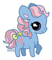 Size: 169x196 | Tagged: safe, artist:dizziness, bow tie (g1), earth pony, pony, g1, 2010, bow, chibi, colored pinnae, cute, dizziness's chibi ponies, female, freckles, looking at you, mare, outline, raised hoof, simple background, solo, standing, tail, tail bow, transparent background