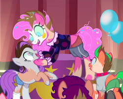 Size: 1300x1050 | Tagged: safe, artist:anonymous, pinkie pie, earth pony, human, pony, eternal night au (janegumball), g4, /ptfg/, alternate universe, balloon, clothes, clothes falling off, clown, clown makeup, clown outfit, colored sclera, colored teeth, confetti, confetti in mane, confetti in tail, eye color change, fangs, female, human to pony, hypno pie, hypnosis, jester, jester pie, light skin, male to female, mare, mid-transformation, nightmare pinkie, nightmarified, shirt, shorts, show accurate, socks, swirly eyes, transformation, transgender transformation, underwear