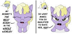 Size: 1698x820 | Tagged: safe, artist:chopsticks, derpy hooves, dinky hooves, pegasus, pony, unicorn, g4, 2 panel comic, angry, badass dinky, blushing, cheek fluff, chest fluff, closed mouth, comic, cute, daughters gonna daughter, dialogue, dinkabetes, duo, duo female, ear fluff, eyes closed, female, filly, foal, horn, looking at you, looking up, looking up at you, madorable, mare, mother and child, mother and daughter, offscreen character, open mouth, overprotective, pouting, protecting, shocked, simple background, smiling, stray strand, talking to viewer, text, unshorn fetlocks, white background
