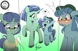 Size: 3840x2520 | Tagged: safe, artist:angrydiaper123, oc, oc only, oc:brussels sprout, oc:spruce sprout, pony, unicorn, duo, duo female, ear piercing, earring, female, filly, foal, glasses, gradient background, high res, horn, jewelry, mare, mother and child, mother and daughter, mother's day, necklace, pearl necklace, piercing