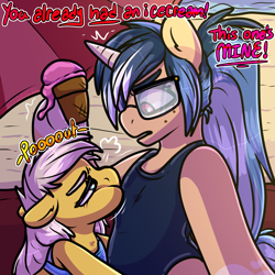 Size: 2000x2000 | Tagged: safe, alternate version, artist:sexygoatgod, sunny daze, oc, oc:depraved daydream, earth pony, pony, unicorn, g4, beach, bikini, clothes, cutemail, duo, female, filly, foal, food, horn, ice cream, mare, one-piece swimsuit, pouting, swimsuit