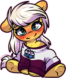 Size: 1329x1559 | Tagged: safe, sunny daze, oc, oc:depraved daydream, earth pony, blushing, clothes, cutie mark on clothes, female, filly, foal, implied shipping, looking at you, looking up, looking up at you, offscreen character, oversized clothes, oversized shirt, shirt, solo, t-shirt