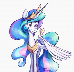 Size: 2572x2500 | Tagged: safe, artist:askometa, princess celestia, alicorn, butterfly, pony, g4, blushing, colored, crown, eye clipping through hair, eyebrows, eyebrows visible through hair, high res, horn, jewelry, large wings, multicolored hair, multicolored mane, multicolored tail, peytral, regalia, simple background, solo, spread wings, tail, white background, wings
