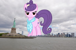 Size: 2294x1524 | Tagged: safe, artist:cheezedoodle96, edit, editor:jaredking779, suri polomare, earth pony, pony, g4, attack on pony, female, giant pony, giantess, highrise ponies, irl, looking at you, macro, manhattan, mare, necktie, new york, new york city, photo, ponies in real life, red eyes, smiling, solo, story included