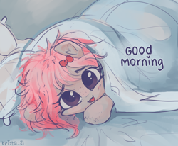 Size: 2100x1733 | Tagged: safe, artist:krista-21, oc, oc:krista pebble, earth pony, pony, bed hair, bed mane, bedroom eyes, blushing, bow, cute, female, freckles, hiding, lying down, messy mane, morning ponies, open mouth, open smile, pillow, simple background, smiling, solo, squishy cheeks