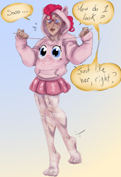 Size: 1028x1500 | Tagged: safe, artist:vanilla drop, pinkie pie, human, g4, barely pony related, clothes, cosplay, costume, deadpool, feet, gradient background, hoodie, lace, marvel, skirt, solo, stocking feet, stockings, thigh highs, wade wilson