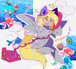 Size: 1506x1377 | Tagged: safe, artist:emoboy130, derpy hooves, fish, goldfish, pegasus, pony, g4, :3, abstract background, bandaid, blonde mane, blonde tail, bubble, colored pinnae, derp, ear fluff, emanata, eye clipping through hair, eyelashes, female, fins, fish tail, gray coat, hoof hold, long mane, long tail, mare, ocean, open mouth, open smile, phone, rotary phone, scales, shiny mane, shiny tail, shrunken pupils, signature, sitting, smiling, solo, speech bubble, spread wings, swimming, tail, talking, underwater, water, wingding eyes, wings, yellow eyes