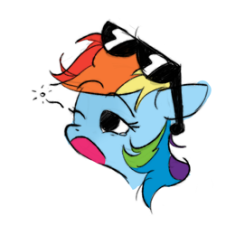 Size: 2560x2560 | Tagged: safe, artist:sketchy-pones, rainbow dash, pegasus, pony, bust, disembodied head, eyebrows, eyebrows visible through hair, female, floppy ears, high res, mare, one eye closed, simple background, sleepy, solo, sunglasses, sunglasses on head, white background, yawn