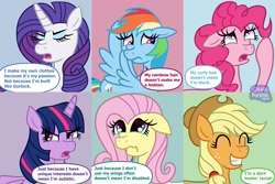 Size: 2160x1440 | Tagged: safe, artist:cauzhxvoc, applejack, fluttershy, pinkie pie, rainbow dash, rarity, twilight sparkle, alicorn, earth pony, pegasus, pony, unicorn, g4, arrogant, bust, dialogue, drama, eye clipping through hair, female, headcanon, horn, mane six, mare, mouthpiece, not funny didn't laugh, op is a duck, op is on drugs, op is trying to start shit, portrait, prejudice, shitposting, simple background, speech bubble, stereotype, twilight sparkle (alicorn), wasted talent