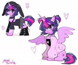 Size: 2048x1726 | Tagged: safe, artist:petaltwinkle, twilight sparkle, alicorn, pony, unicorn, g4, alternate design, alternate hairstyle, beanie, blushing, boots, bow, choker, clothes, cute, duality, duo, ear piercing, earring, eye clipping through hair, eyebrows, eyebrows visible through hair, eyelashes, fangs, female, floating heart, hairclip, hat, heart, heart mark, hoodie, hoof boots, hooped earrings, horn, jewelry, looking at you, mare, multicolored hair, one eye closed, piercing, pigtails, purple coat, purple eyes, shadow, shiny eyes, shiny hair, shirt, short hair, signature, simple background, sitting, skirt, smiling, smiling at you, spread wings, standing, tail, tank top, twiabetes, twilight sparkle (alicorn), unicorn twilight, wall of tags, white background, wings, wink, winking at you