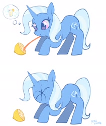 Size: 1726x2048 | Tagged: safe, artist:petaltwinkle, trixie, pony, unicorn, g4, 2 panel comic, :p, bent over, blue coat, blue mane, blue tail, cartoon physics, comic, cute, diatrixes, eyelashes, female, food, horn, juice, leaning forward, lemon, lemon slice, lemonade, licking, long mane, long tail, long tongue, mare, meme, pink eyes, puckered face, scrunchy face, shiny eyes, silly, silly pony, simple background, smiling, solo, sour, tail, thinking, thought bubble, tongue out, two toned mane, two toned tail, unicorn horn, wavy mane, wavy tail, white background