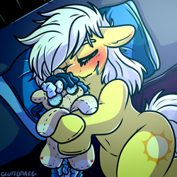 Size: 2000x2000 | Tagged: safe, artist:sexygoatgod, sunny daze, oc, oc:depraved daydream, earth pony, pony, unicorn, g4, bed, belly, belly button, blushing, canon x oc, drool, female, filly, floppy ears, foal, horn, human shoulders, implied shipping, pillow, plushie, sleeping, solo, wide hips
