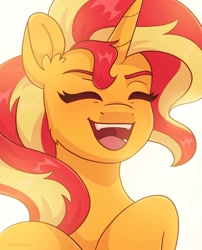 Size: 1655x2048 | Tagged: safe, artist:skysorbett, sunset shimmer, pony, unicorn, g4, bust, eyebrows, eyes closed, horn, laughing, open mouth, portrait, solo, teeth