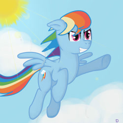 Size: 2000x2000 | Tagged: artist needed, source needed, safe, rainbow dash, pegasus, pony, g4, cloud, female, flying, mare, sky, solo, sun, wings