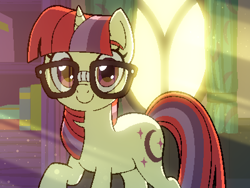 Size: 800x600 | Tagged: safe, artist:rangelost, moondancer, pony, unicorn, cyoa:d20 pony, g4, book, bookshelf, crepuscular rays, curtains, cute, cyoa, dancerbetes, dust motes, female, first person view, glasses, horn, looking at you, mare, offscreen character, pov, solo, story included, sunlight, window