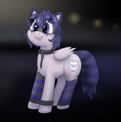 Size: 2476x2500 | Tagged: safe, artist:lupin quill, oc, oc only, oc:snuffy, pegasus, pony, choker, clothes, collar, ear piercing, fangs, jewelry, leash, lip piercing, piercing, smiling, socks, solo, striped socks, striped tail, tail, vtuber, wings, wristband